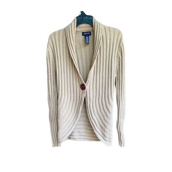 Jones New York Signature Wool-Blend Ribbed Knit Cardigan L Beige One-Button - Picture 7 of 11